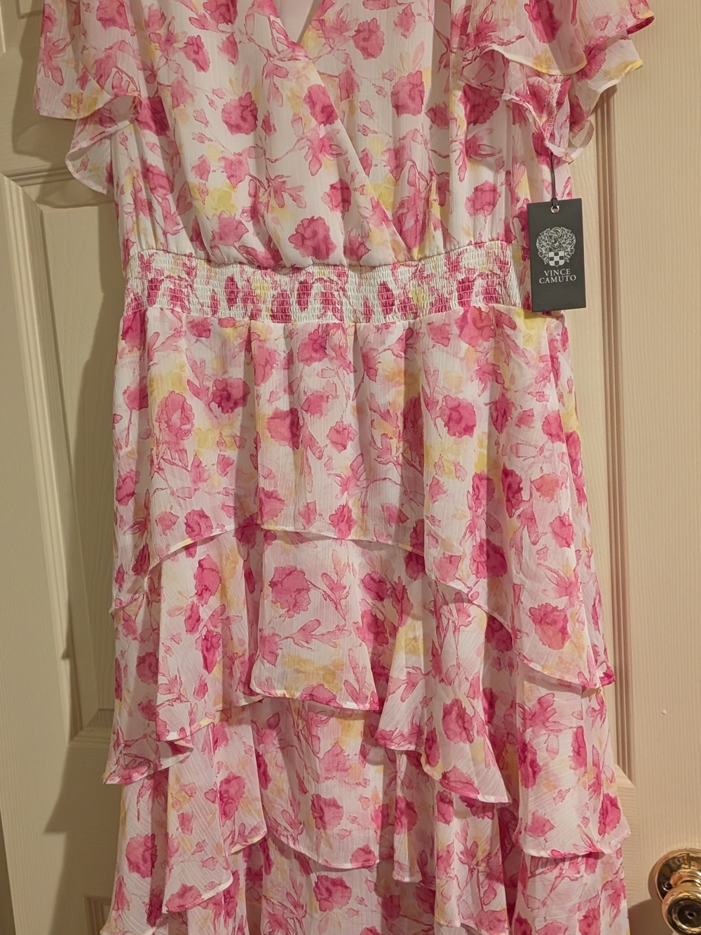 Vince Camuto Pink & Yellow Floral Tiered Ruffle Dress